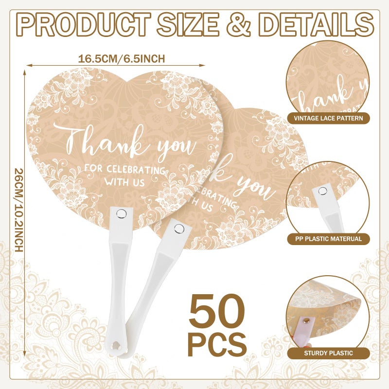 Burbell 50 Pcs Wedding Hand Plastic Fans Lace Boho Bridal Shower Favors Bulk for Guests Retro Wedding Handheld Fan with Handle Thank You for Celebrating with Us Favors for Ceremony Bridal Shower Decor - Image 2