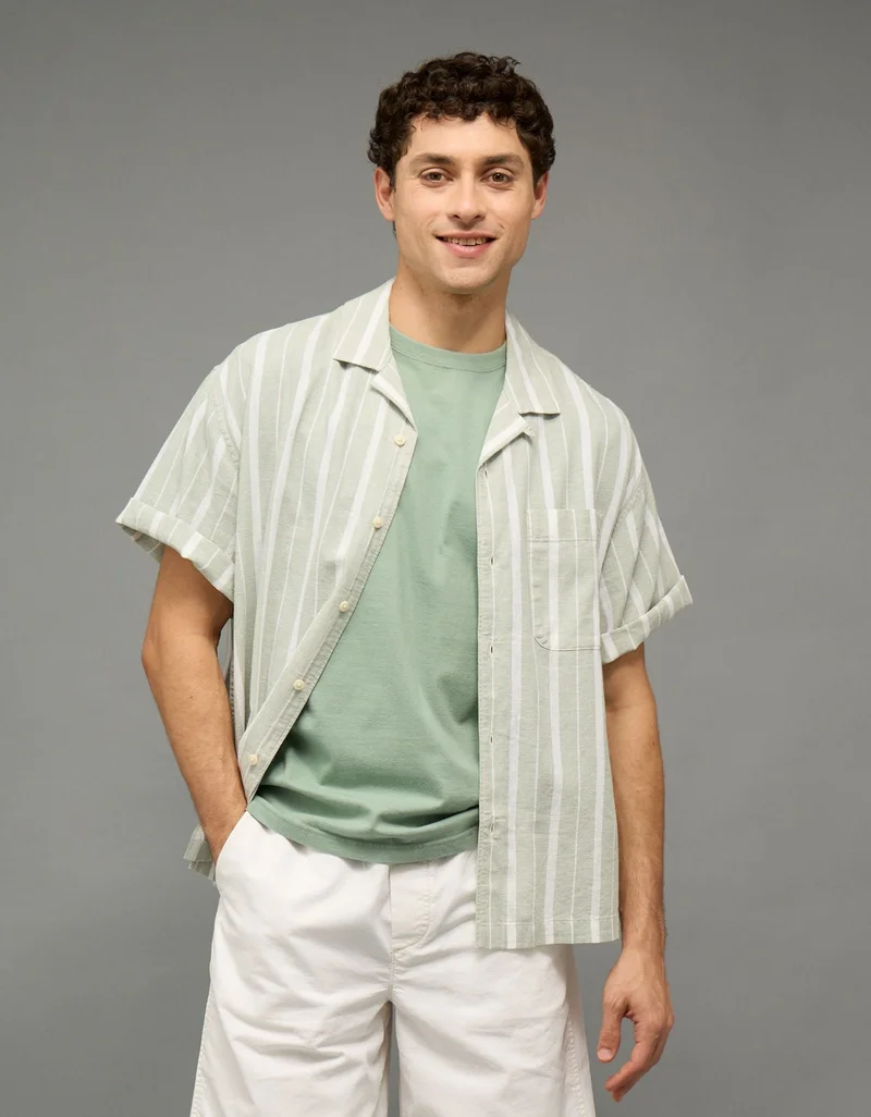 American Eagle  AE Relaxed Fit Linen-Blend Camp Collar Shirt for Men | Best Price UAE