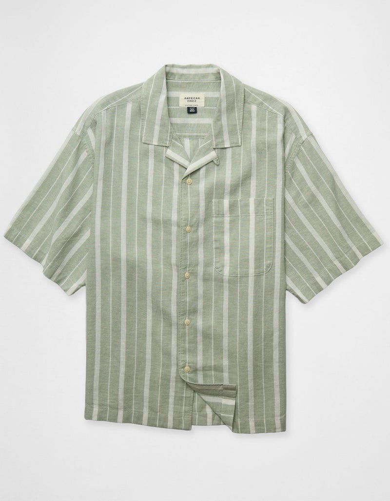 American Eagle AE Relaxed Fit Linen-Blend Camp Collar Shirt - Image 3