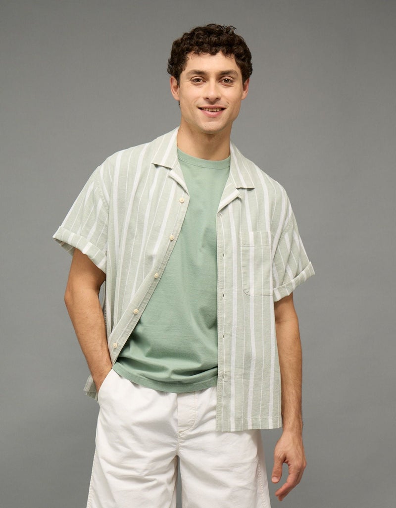 American Eagle AE Relaxed Fit Linen-Blend Camp Collar Shirt - Image 1