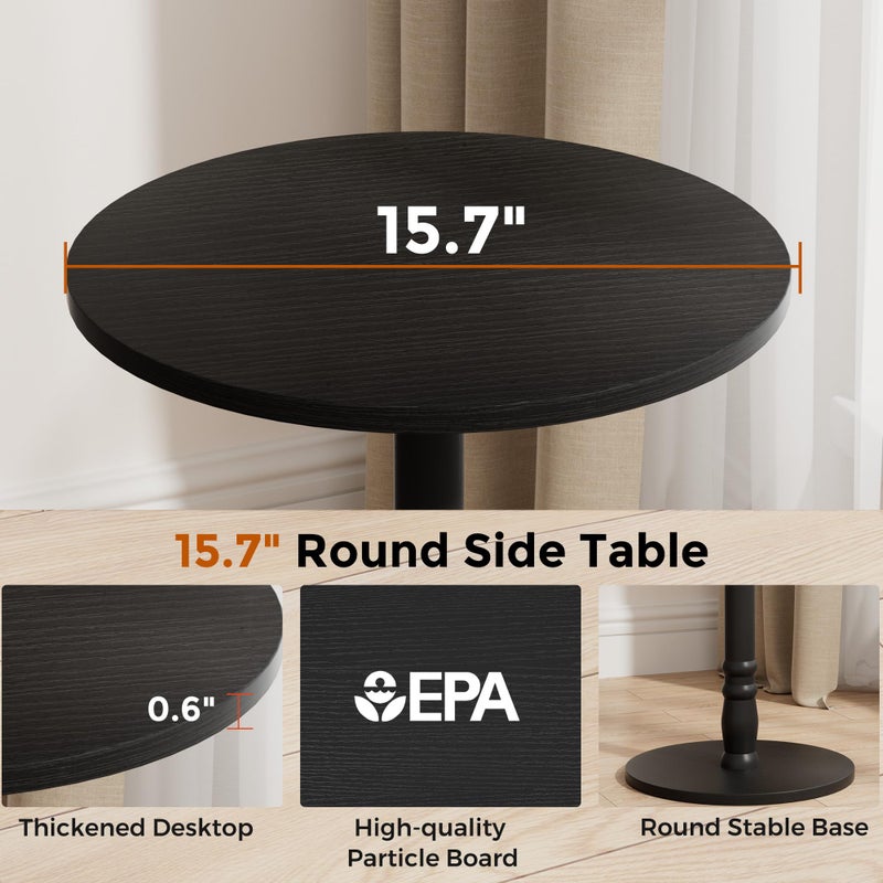 Homleke Round Side Table, Solid Wood Pillar, Large 15.7" Top, Small Accent Table for Living Room, Bedroom, Sofa, Entryway & Office, Easy Assembly, Black - Image 5