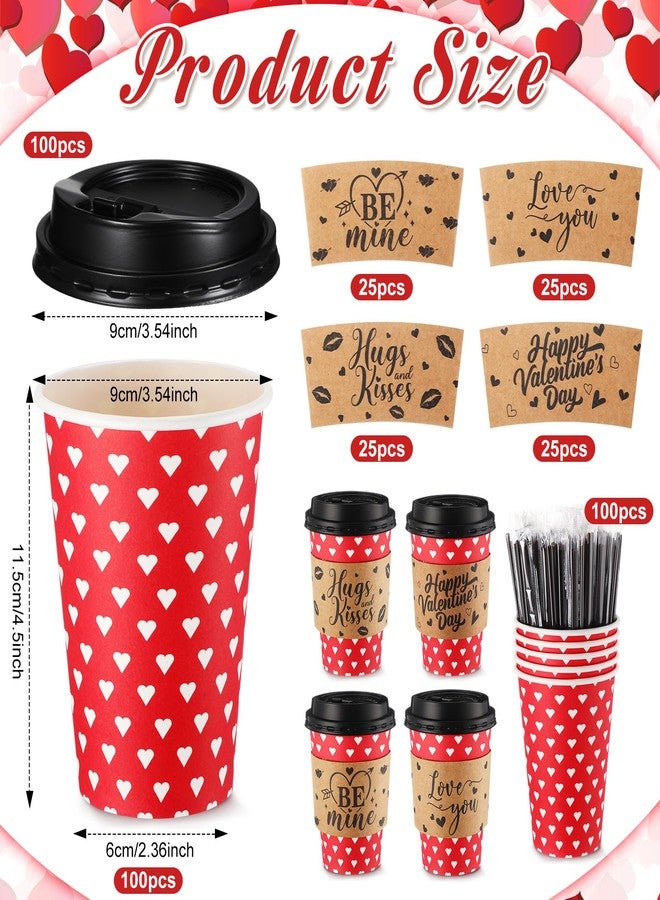 Layhit مجموعة لاي هيت من 100 كوب قهوة ورقي للاستخدام مرة واحدة مع أغطية وأكمام وماصات، سعة 12 أونصة، بتصميم قلوب حمراء وبيضاء، مثالية لمشروبات الشاي والكاكاو الساخن، ومستلزمات حفلات عيد الحب. - Image 5