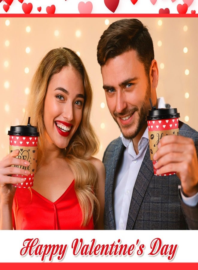 Layhit مجموعة لاي هيت من 100 كوب قهوة ورقي للاستخدام مرة واحدة مع أغطية وأكمام وماصات، سعة 12 أونصة، بتصميم قلوب حمراء وبيضاء، مثالية لمشروبات الشاي والكاكاو الساخن، ومستلزمات حفلات عيد الحب. - Image 3