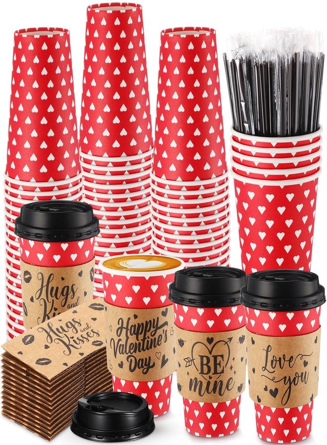 Layhit مجموعة لاي هيت من 100 كوب قهوة ورقي للاستخدام مرة واحدة مع أغطية وأكمام وماصات، سعة 12 أونصة، بتصميم قلوب حمراء وبيضاء، مثالية لمشروبات الشاي والكاكاو الساخن، ومستلزمات حفلات عيد الحب. - Image 1