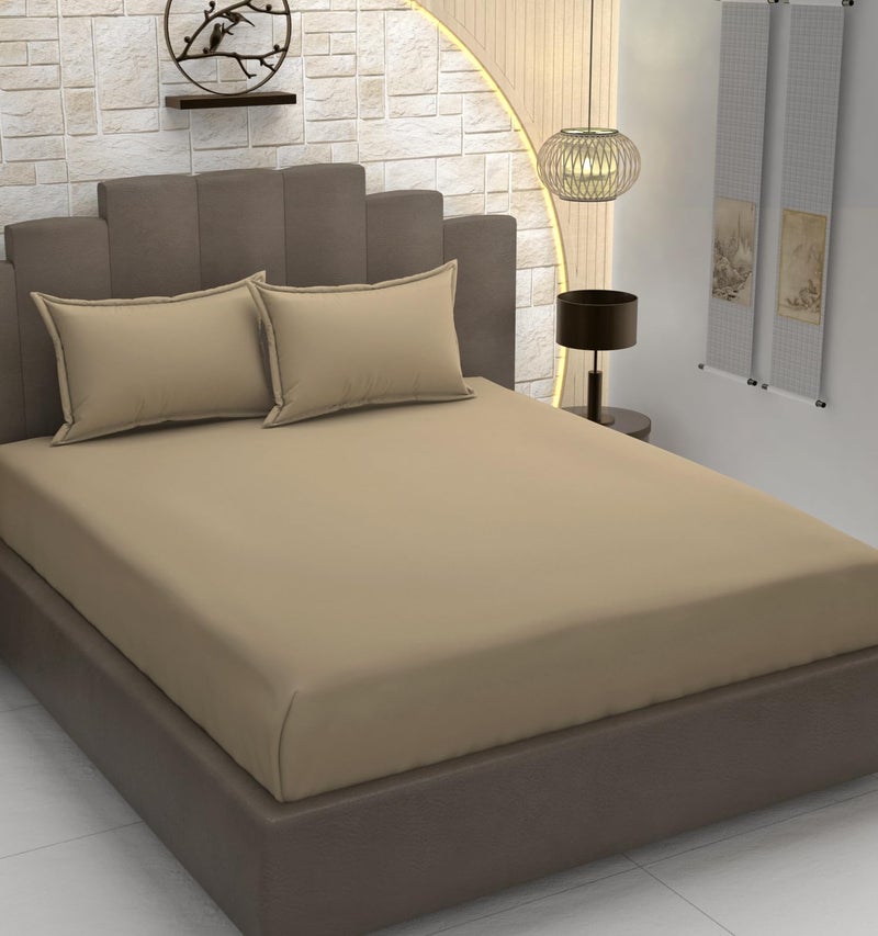 TIB® Glace Cotton King Size Elastic Bedsheet with 2 Pillow Covers, 140 GSM, 72x78x8 Inches. (Beige) - Image 1