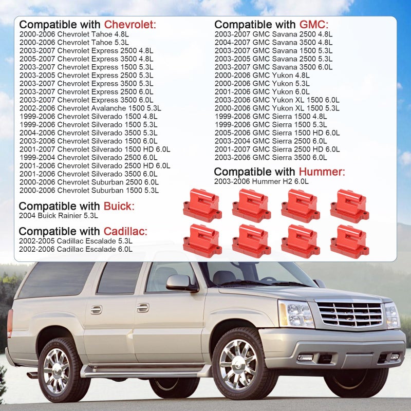 JDMSPEED 8 Square Red Ignition Coil Pack Compatible with 99-07 Chevrolet Express Silverado Tahoe/99-07 GMC Savana Yukon Sierra/04 Buick Rainier/02-06 Cadillac Escalade Replaces# UF271 D581 - Image 2