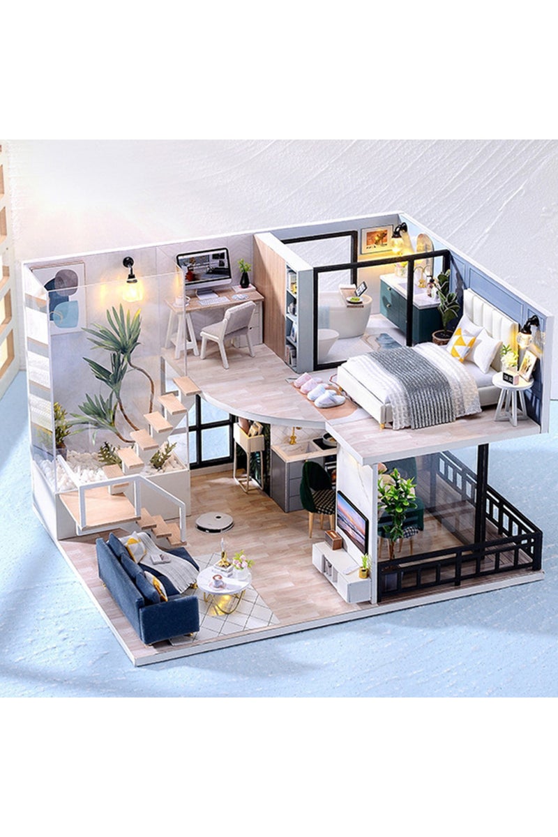 L-032-A بدون أغطية بيت دمى صغير، اصنعه بنفسك، شقة دوبلكس يدوية الصنع، بناء أحجية ثلاثية الأبعاد