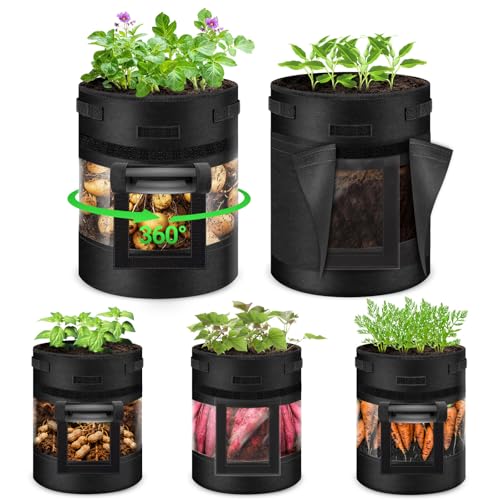 GJL 5 Pack 10 Gallon 360° Visible Potato Grow Bags with Shading Flap & Harvest Window – Heavy Duty 400g Non-Woven Fabric Potato Bags for Growing Potatoes with 10 Green Labels, Potato Growing Containers - Image 1