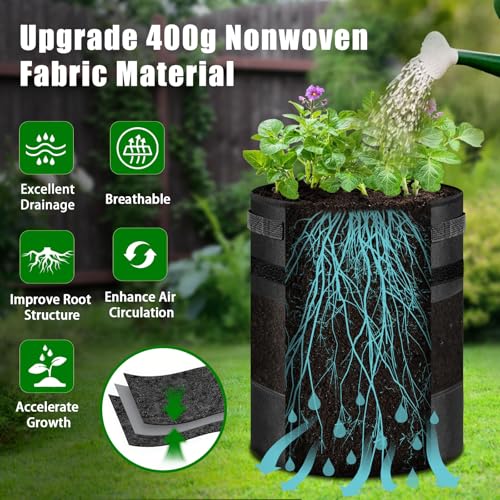 GJL 5 Pack 10 Gallon 360° Visible Potato Grow Bags with Shading Flap & Harvest Window – Heavy Duty 400g Non-Woven Fabric Potato Bags for Growing Potatoes with 10 Green Labels, Potato Growing Containers - Image 5