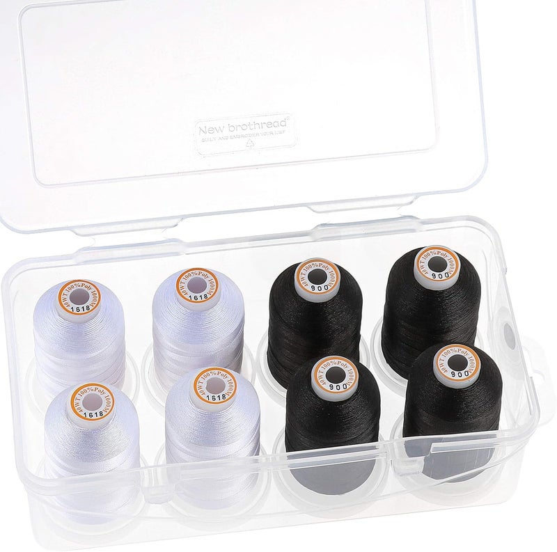 New brothread Polyester Embroidery Machine Thread 1000m Each with Clear Plastic Storage Box for Embroidery & Quilting - 4xSnow White+4xBlack - Image 1