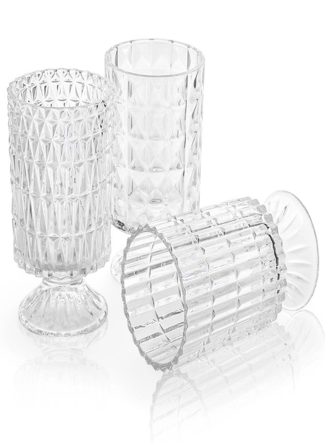 Goaste مجموعة من 3 مزهريات غوست ذات قاعدة كبيرة منقوشة، مزهرية زجاجية كريستالية 7 بوصة، مزهريات نباتات خضراء للزراعة المائية، مزهريات زهور شفافة بنمط مضلع لحفلات الزفاف، قطع مركزية لطاولات الطعام، ديكور منزلي، مكتب - Image 5