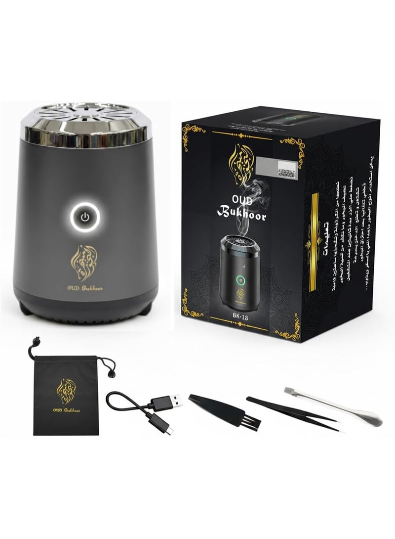 إلترازون Portable Mini Incense Burner | Rechargeable USB Electric Bakhoor & Oud Diffuser | Arabic Mubkhar Incense Holder for Home, Office, Car & Travel Aromatherapy – Grey - Image 1