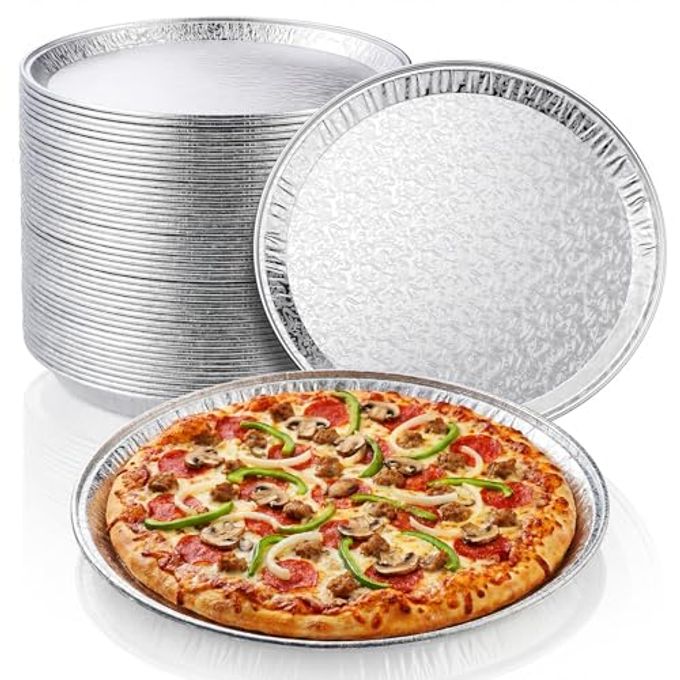 Patelai 50 Pcs 12 Inch Aluminum Pizza Pan Disposable Pizza Pans Round Aluminum Foil Serving Tray Silver Serving Platters for Baking Cooking Storage Cake, Chocolate Cookies, Pie, Vegetables