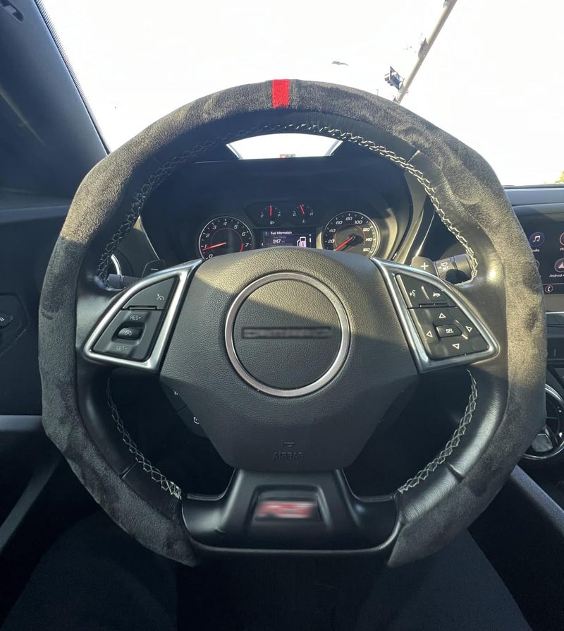 PartsTo Quick Install Sporty Suede Leather Steering Wheel Cover with Red Top Trim Universal fit Any 14½" to 15" Car SUV Pickup Steering Wheel - Image 3