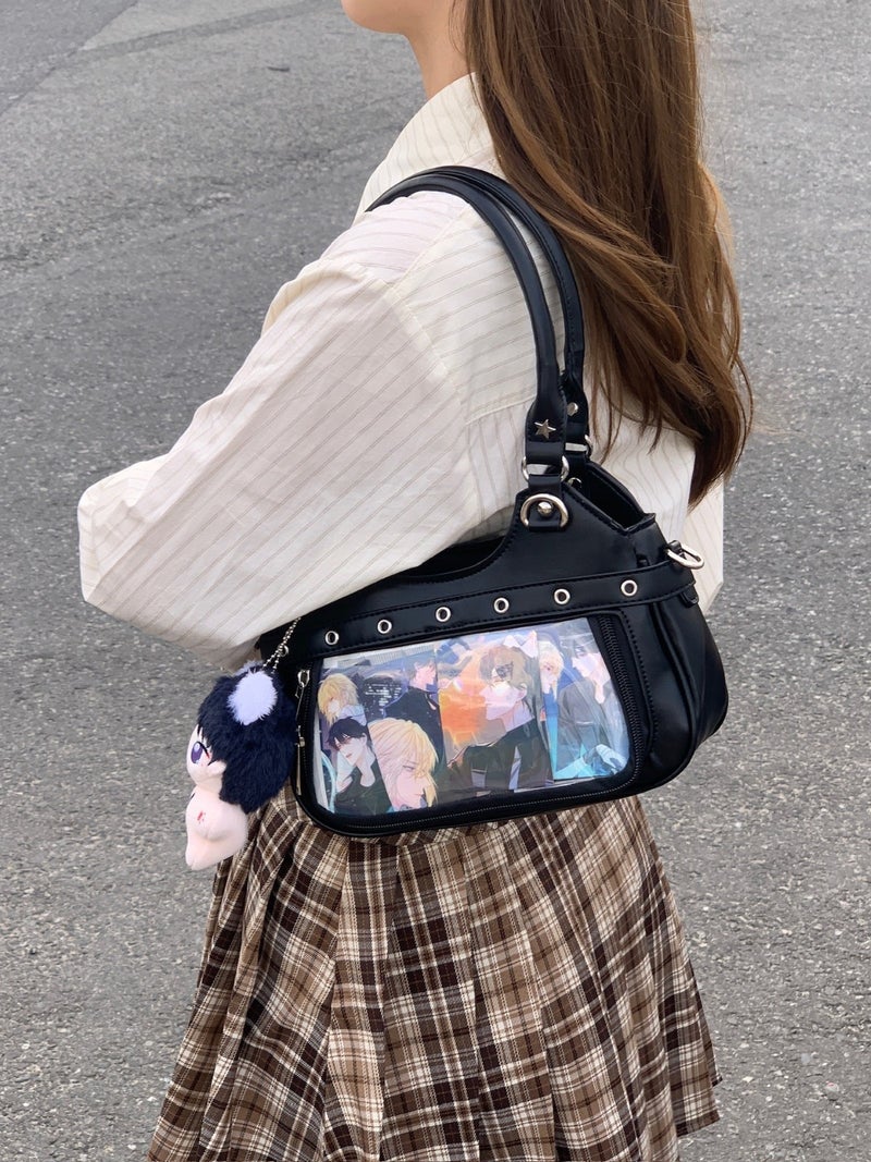 Japanese Style Pu Leather Vintage Fashion Y2K Millennium Spice Girls Large Capacity Transparent Badge Pain Bag All-Match Student Crossbody Bag - Image 2