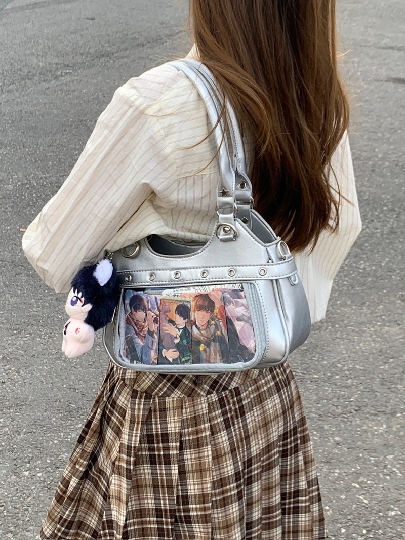 Japanese Style Pu Leather Vintage Fashion Y2K Millennium Spice Girls Large Capacity Transparent Badge Pain Bag All-Match Student Crossbody Bag - Image 5