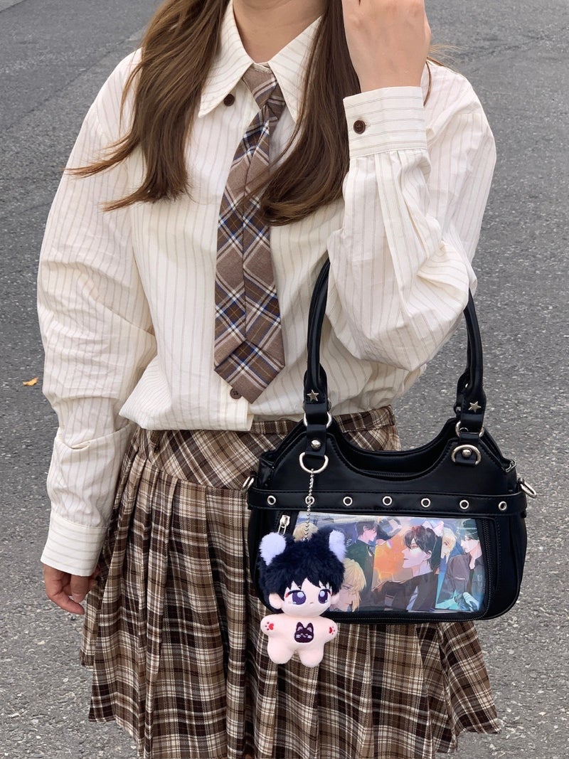 Japanese Style Pu Leather Vintage Fashion Y2K Millennium Spice Girls Large Capacity Transparent Badge Pain Bag All-Match Student Crossbody Bag - Image 3