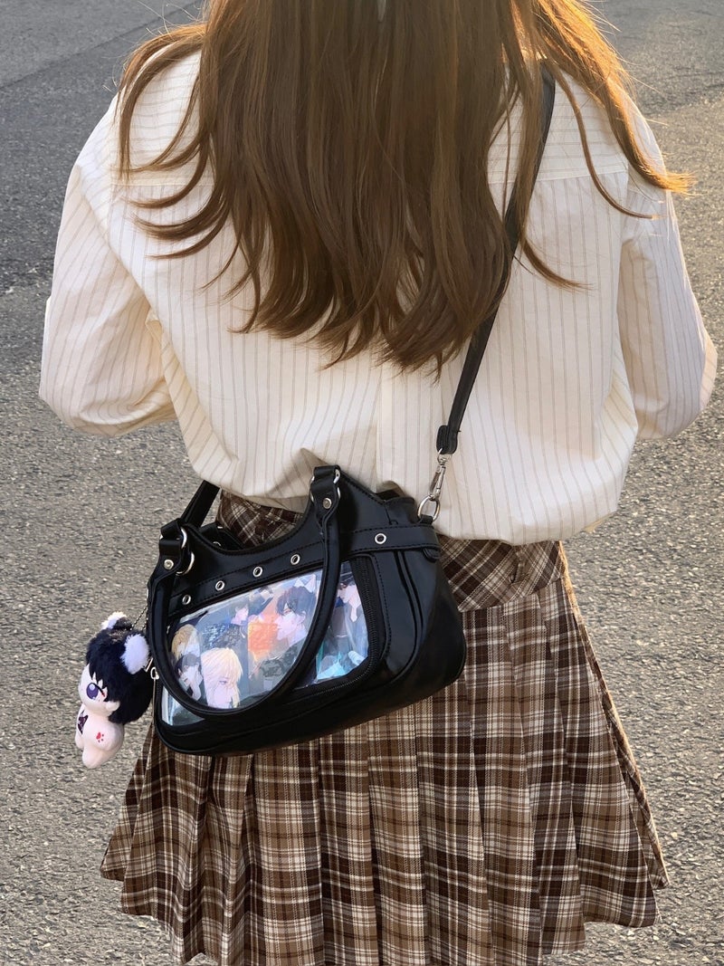 Japanese Style Pu Leather Vintage Fashion Y2K Millennium Spice Girls Large Capacity Transparent Badge Pain Bag All-Match Student Crossbody Bag - Image 4