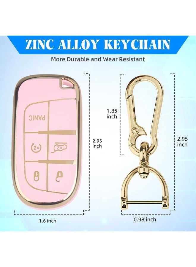 QBUC for Jeep Key Fob Cover with Keychain Soft TPU Protection Compatible with Jeep Grand Cherokee Renegade Compass and Dodge Challenger Durango RAM Chrysler 200/300(Pink with Gold Trim) - Image 3