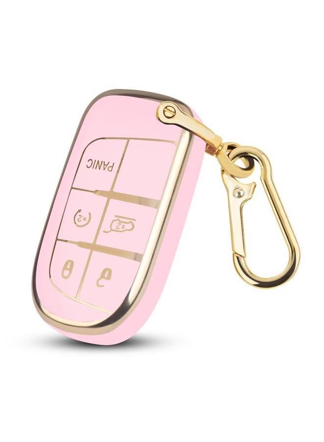 QBUC for Jeep Key Fob Cover with Keychain Soft TPU Protection Compatible with Jeep Grand Cherokee Renegade Compass and Dodge Challenger Durango RAM Chrysler 200/300(Pink with Gold Trim) - Image 1