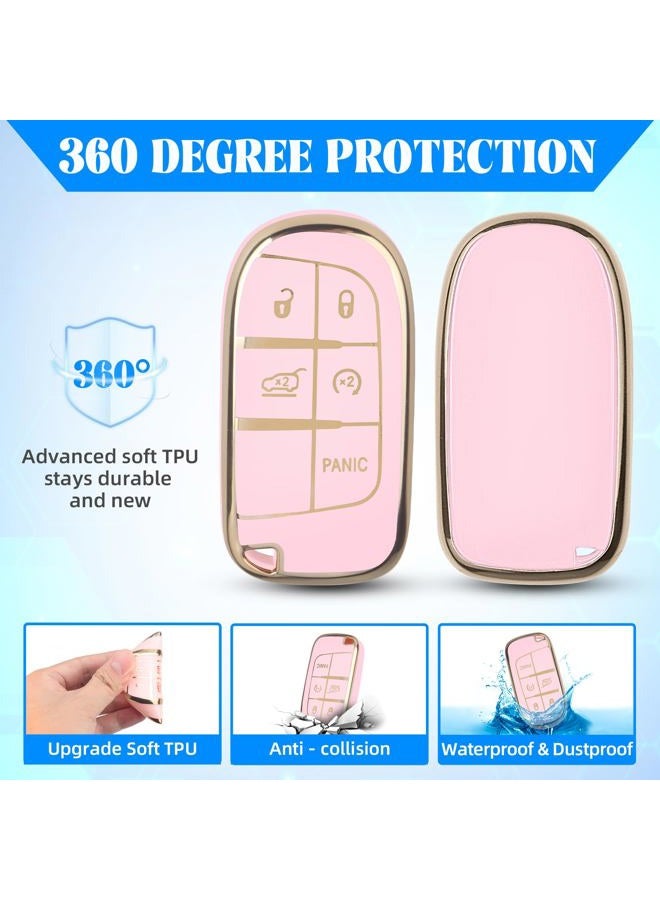 QBUC for Jeep Key Fob Cover with Keychain Soft TPU Protection Compatible with Jeep Grand Cherokee Renegade Compass and Dodge Challenger Durango RAM Chrysler 200/300(Pink with Gold Trim) - Image 5