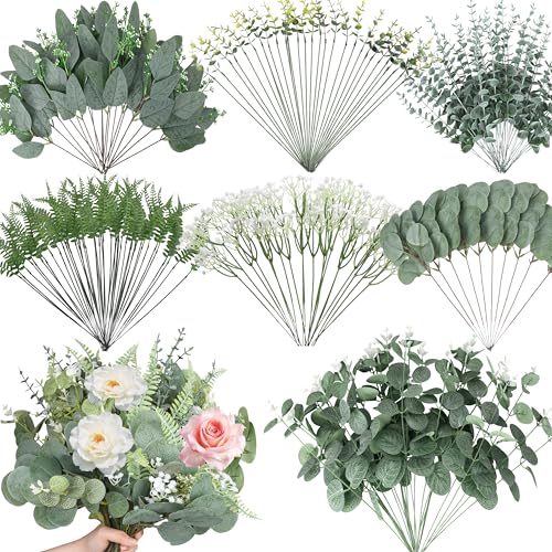 Hoplito 150 Pcs 7 Kinds Mixed Artificial Eucalyptus Leaves Stems Bulk Fake Greenery Plants Faux Silver Dollar Eucalyptus Leaves for Wedding Vase Bouquet Floral Arrangement Centerpiece Home Decor - Image 1