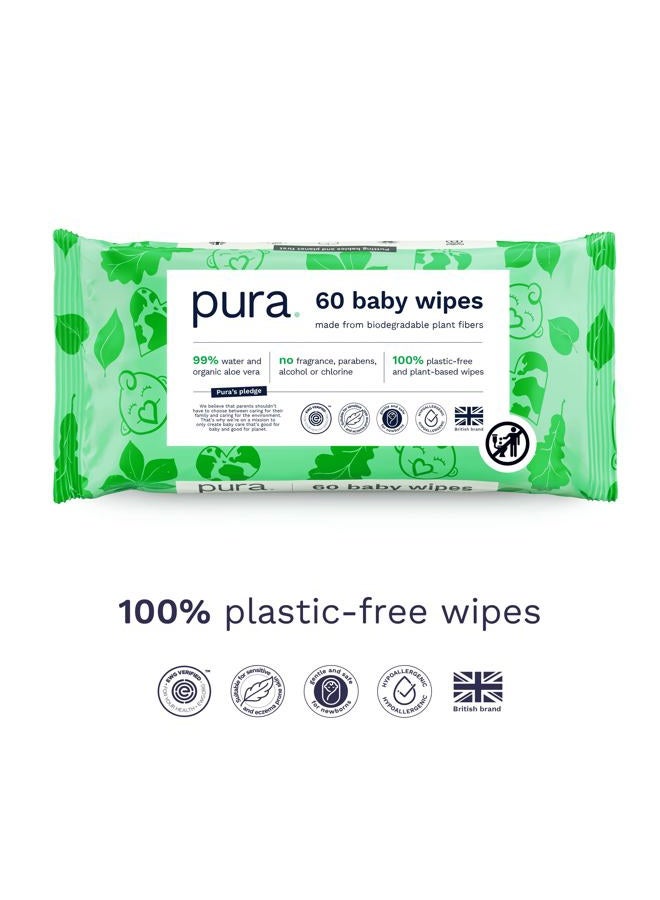 Pura Natural Sensitive Baby Wipes, 99% Water, Unscented & Hypoallergenic, Suitable for Sensitive & Eczema-prone Skin, Fragrance Free & Hypoallergenic, EWG Verified, 3 x 60 per pack (180 Wipes) - Image 2