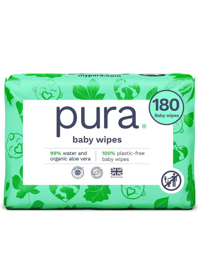 Pura Natural Sensitive Baby Wipes, 99% Water, Unscented & Hypoallergenic, Suitable for Sensitive & Eczema-prone Skin, Fragrance Free & Hypoallergenic, EWG Verified, 3 x 60 per pack (180 Wipes) - Image 1