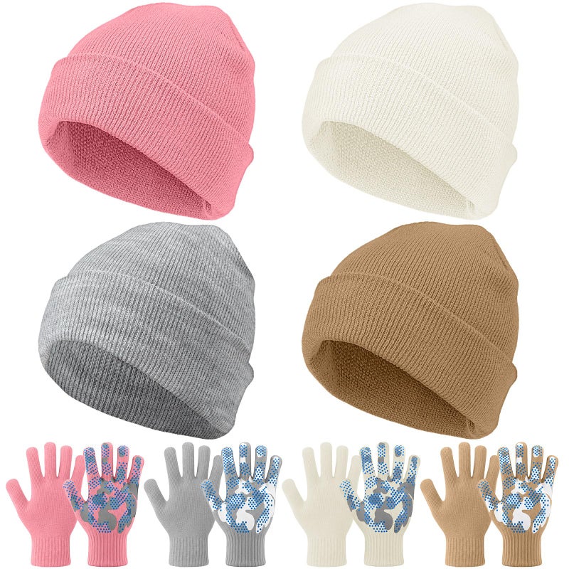 Evervibe 8 Pack Kids Beanie Hats and Gloves Set Knitted Beanies Hat Warm Stretch Gripper Gloves Winter Hats for Boys Girls(Light,3-6 Years) - Image 1