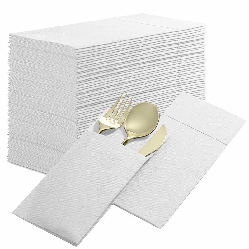 50Pack Disposable LinenFeel Dinner Napkins with Builtin Flatware Pocket WHITE Prefolded Cloth Like Paper Napkins For Dinner Wedding Or Party Silverware NOT Included