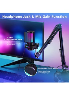Muyixin RGB Gaming Microphone with Extendable Arm for PC/PS5 with Volume Controlling, Pop Filter, Condensor Mic with Quick Mute, Podcast Microphone for Streaming Twitch/Discord/YouTube - Black  - Image 2