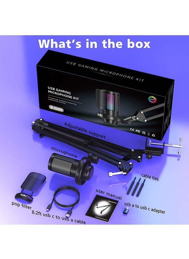 Muyixin - RGB Gaming Microphone with Extendable Arm for PC/PS5 with Volume Controlling, Pop Filter, Condensor Mic with Quick Mute, Podcast Microphone for Streaming Twitch/Discord/YouTube - Black - Image 1