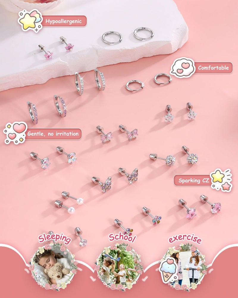 Besteel 14 Pairs Hypoallergenic Earrings for Women Girls Surgical Steel Screw Back Earring for Sensitive Ears Cute Butterfly CZ Flat Back Earrings Girls Jewelry (screw back) age: Over 4 years old - Image 3