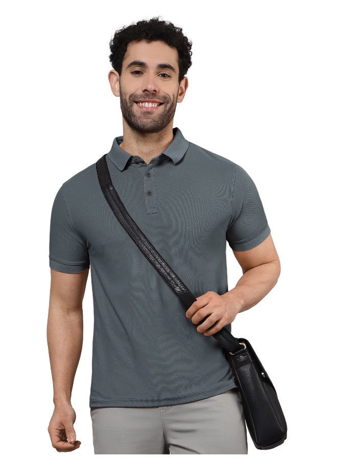Beyoung Men's Regular Fit Half Sleeve Soild Casual Dark Grey Polo T-shirt - Image 1