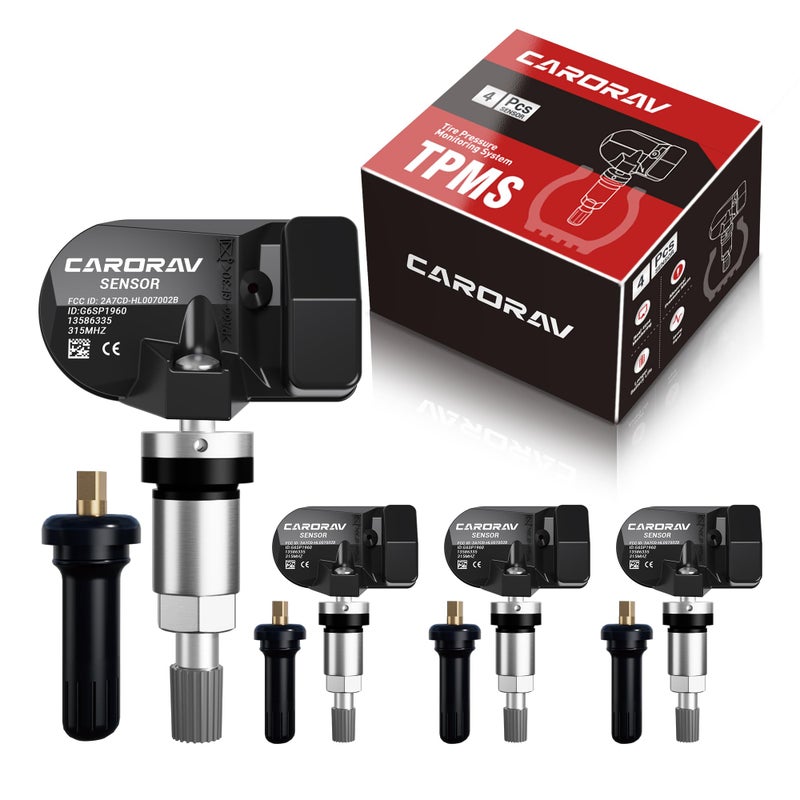 CARORAV TPMS Sensor GM, 4-Pack Tire Pressure Monitoring System Sensor Replacement for GM Chevy GMC Cadillac Buick, 315MHz OE Replaces for 13586335 13581558 13598771 13598772 - Image 1