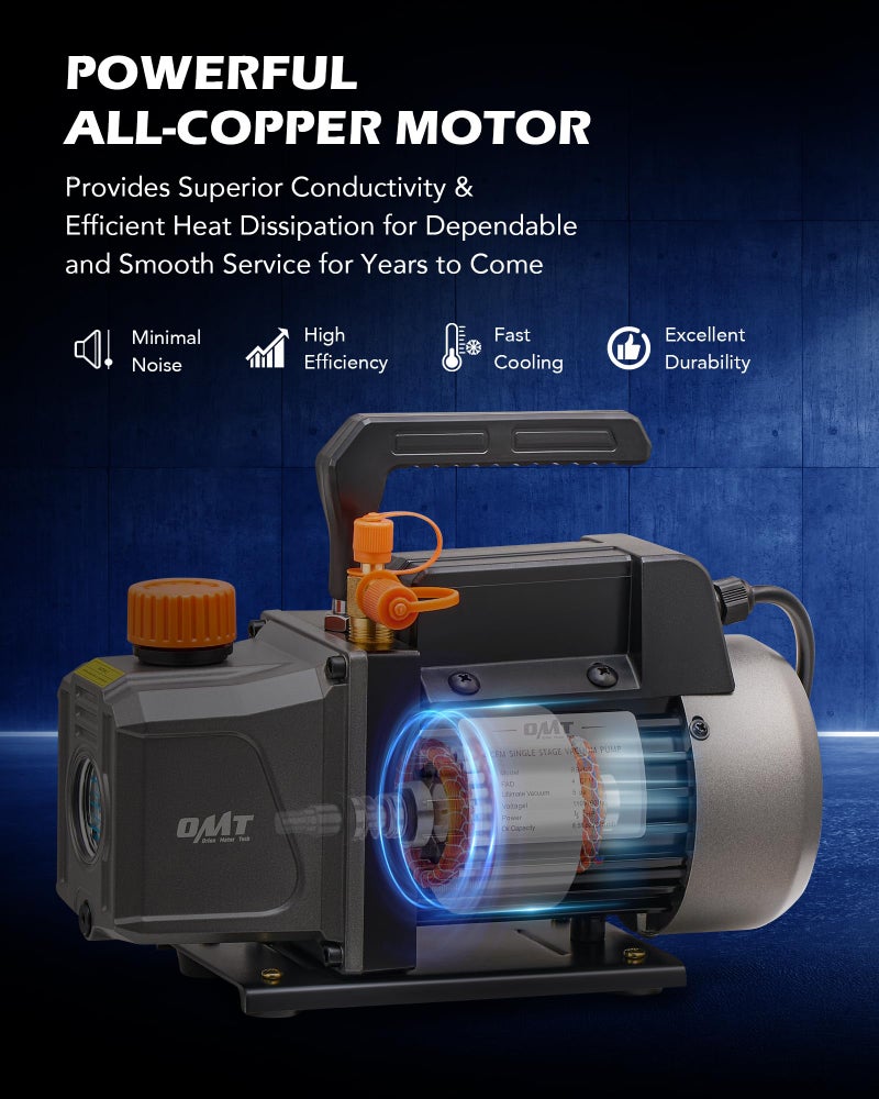 Orion Motor Tech Vacuum Pump, 4 cfm 1/3 hp HVAC Single Stage Vacuum Pump for R12 R22 R134a R410a R502, Auto AC Vacuum Pump Kit for Automotive Air Conditioner Resin Degassing & More, Oil Included - Image 3