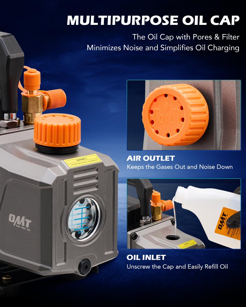 Orion Motor Tech Vacuum Pump, 4 cfm 1/3 hp HVAC Single Stage Vacuum Pump for R12 R22 R134a R410a R502, Auto AC Vacuum Pump Kit for Automotive Air Conditioner Resin Degassing & More, Oil Included - Image 5