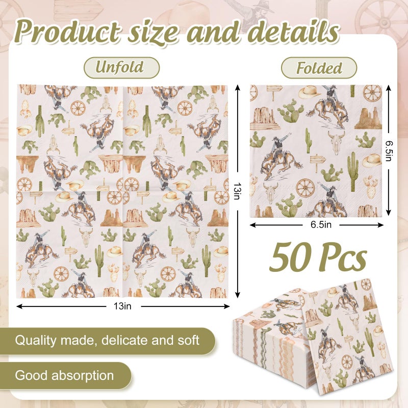 JarThenaAMCS JarThenaAMCS 50Pcs Western Cowboy Paper Napkin Wild West Rodeo Disposable Luncheon Napkins Tropical Dessert Dinner Hand Napkin for Birthday Baby Shower  - Image 2