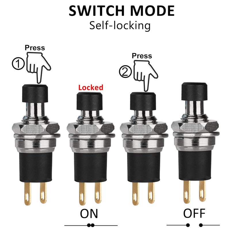 DIYhz 5Pcs Self-Locking SPST Latching Type Dash ON/Off Push Button Switch AC 250V/3A Black - Image 2