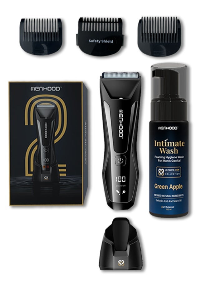 MENHOOD Grooming Trimmer 2.0 & Intimate Foam Wash for Men | Waterproof Body Hair Trimmer, Sensitive Skin Ceramic Blades, LED Light, Wireless Charging, 150 Min Runtime | Tea Tree Intimate Hygiene Wash - Image 1