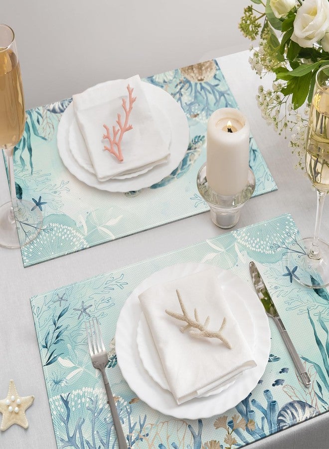 Bonhause Sea Turtle Placemats Set of 4, 12x18 Inch Teal Blue Ocean Seahorse Coastal Beach Starfish Seashell Summer Kitchen Dining Table Mats Washable Place Mats for Indoor Outdoor Home Party Decor - Image 3