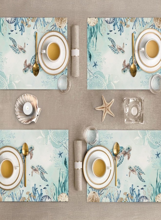 Bonhause Sea Turtle Placemats Set of 4, 12x18 Inch Teal Blue Ocean Seahorse Coastal Beach Starfish Seashell Summer Kitchen Dining Table Mats Washable Place Mats for Indoor Outdoor Home Party Decor - Image 4