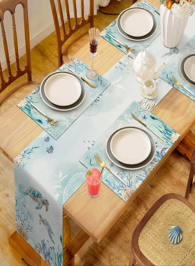 Bonhause Sea Turtle Placemats Set of 4, 12x18 Inch Teal Blue Ocean Seahorse Coastal Beach Starfish Seashell Summer Kitchen Dining Table Mats Washable Place Mats for Indoor Outdoor Home Party Decor - Image 5