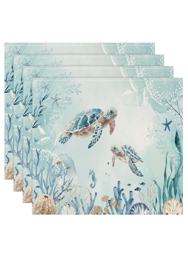 Bonhause Sea Turtle Placemats Set of 4, 12x18 Inch Teal Blue Ocean Seahorse Coastal Beach Starfish Seashell Summer Kitchen Dining Table Mats Washable Place Mats for Indoor Outdoor Home Party Decor - Image 1