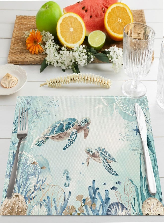 Bonhause Sea Turtle Placemats Set of 4, 12x18 Inch Teal Blue Ocean Seahorse Coastal Beach Starfish Seashell Summer Kitchen Dining Table Mats Washable Place Mats for Indoor Outdoor Home Party Decor - Image 2