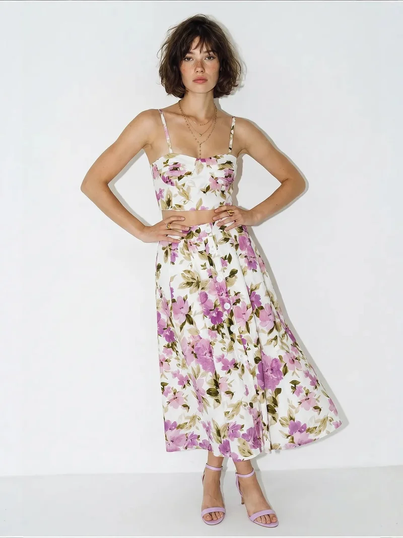 LUCCI Floral Cotton Blouse And Midi Skirt Set