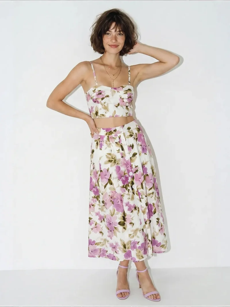 Bianco Lucci Multicolor LUCCI Floral Cotton Blouse And Midi Skirt Set for Women | Best Price UAE