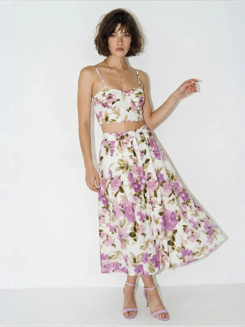 Bianco Lucci Multicolor LUCCI Floral Cotton Blouse And Midi Skirt Set for Women | Best Price UAE
