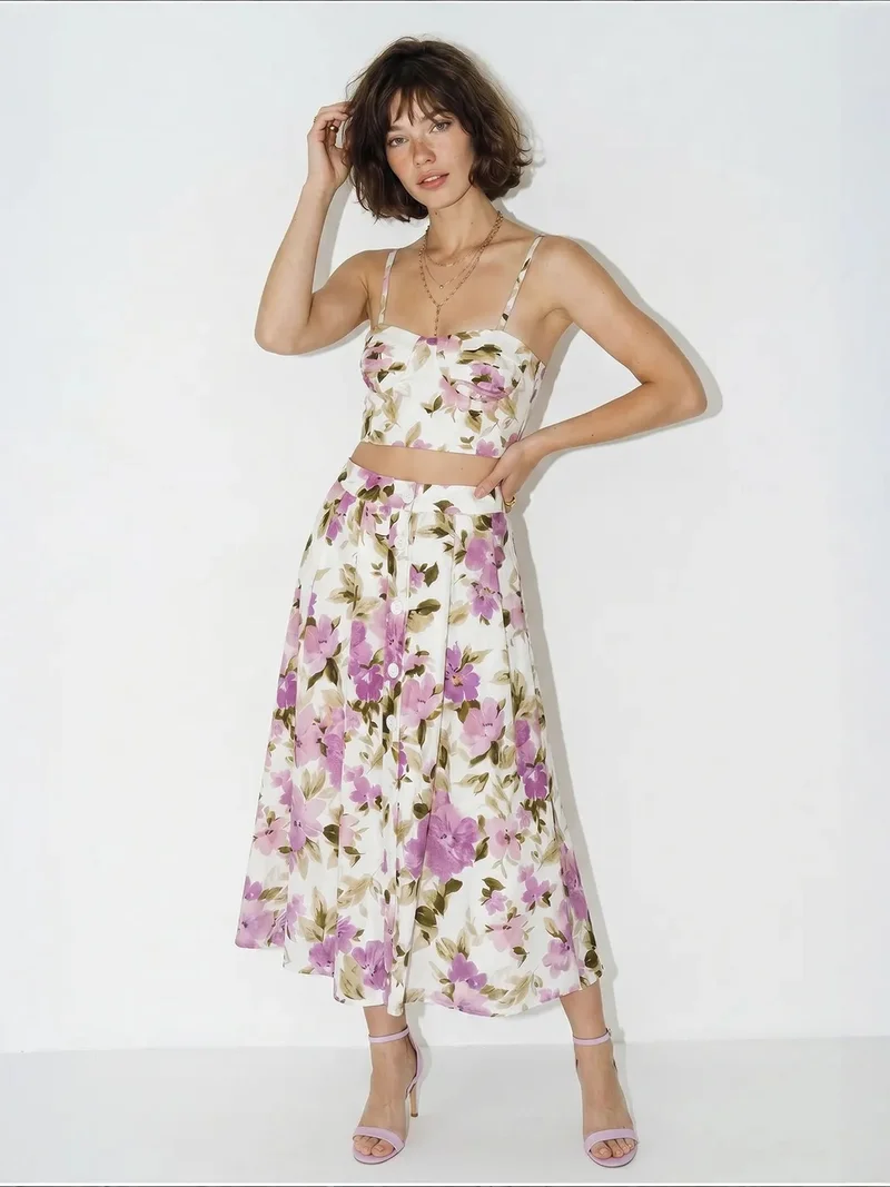 Bianco Lucci Multicolor LUCCI Floral Cotton Blouse And Midi Skirt Set for Women | Best Price UAE