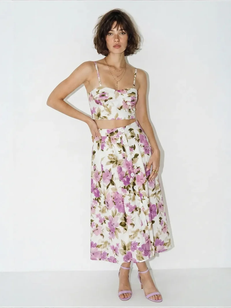 Bianco Lucci Multicolor LUCCI Floral Cotton Blouse And Midi Skirt Set for Women | Best Price UAE